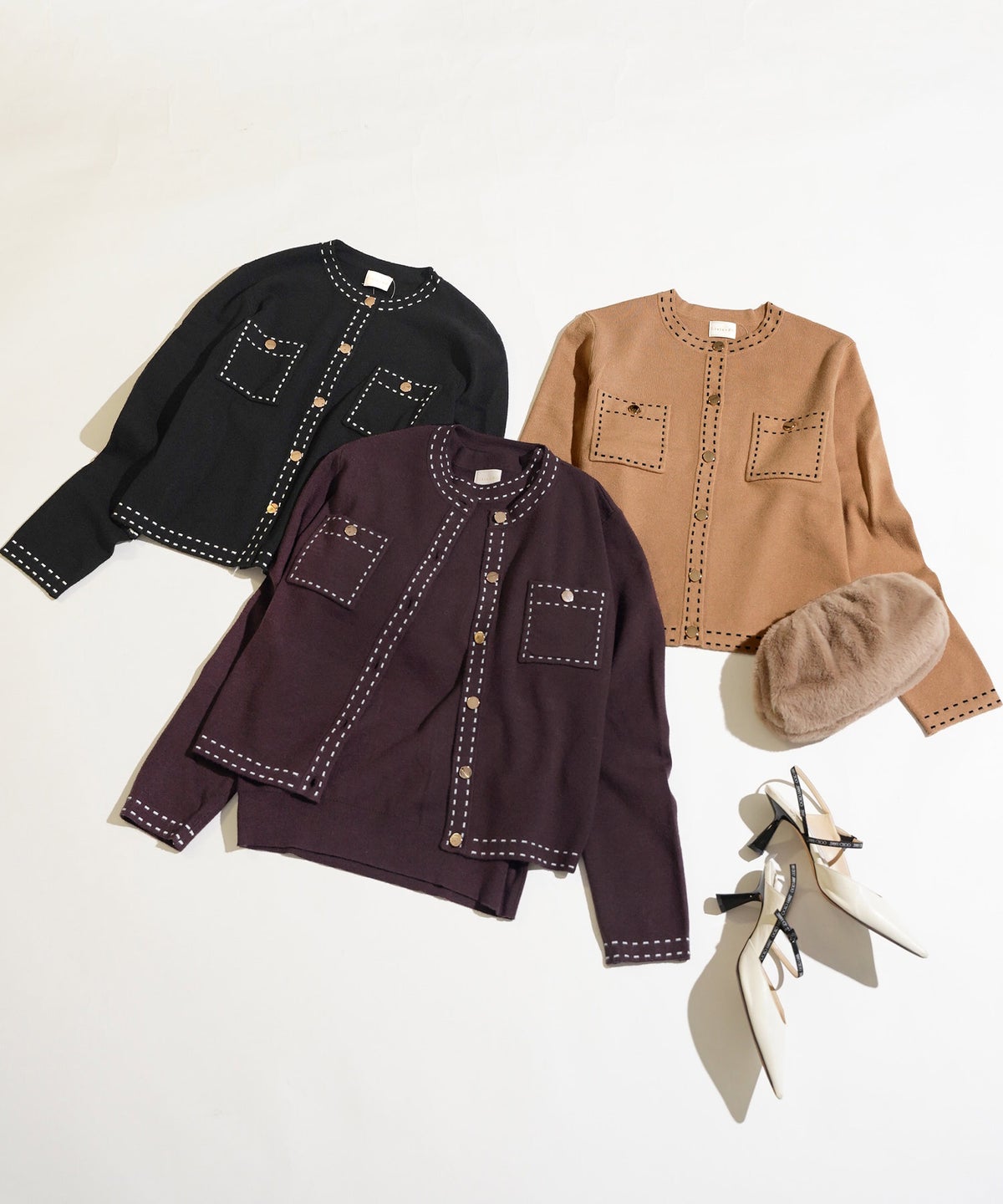 手洗い可 大人カジュアル 可愛い 上品 きれいめ オフィス フェミニン 春 秋冬 着回し ジョイントスペース ステッチポケットニットアンサンブル Liala×PG