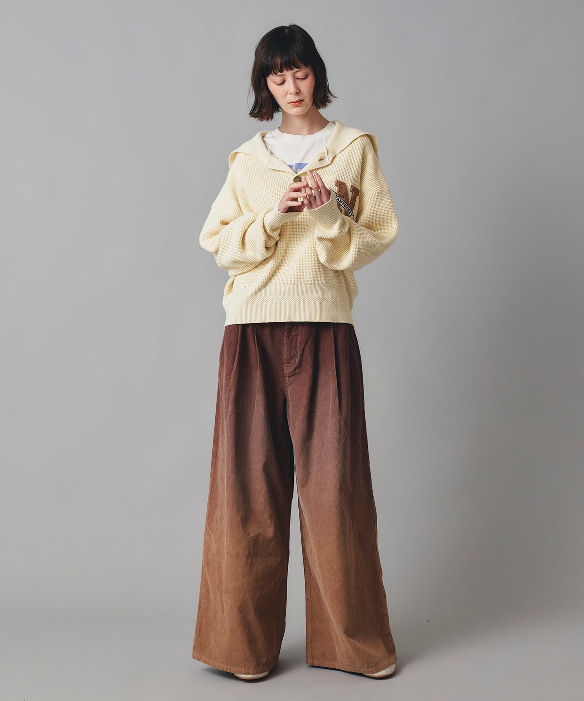 コーデュロイ グラデーション ワイド パンツ かっこいい おしゃれ アイボリー ブラウン フリーサイズ コーデュロイグラデーションワイドパンツ AT THE TRNK