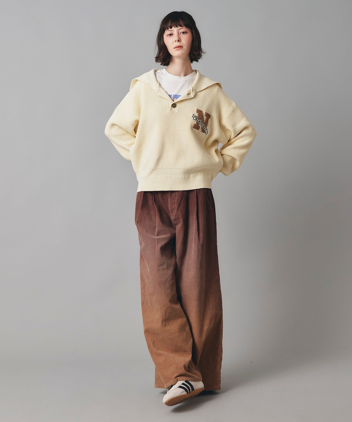 コーデュロイ グラデーション ワイド パンツ かっこいい おしゃれ アイボリー ブラウン フリーサイズ コーデュロイグラデーションワイドパンツ AT THE TRNK