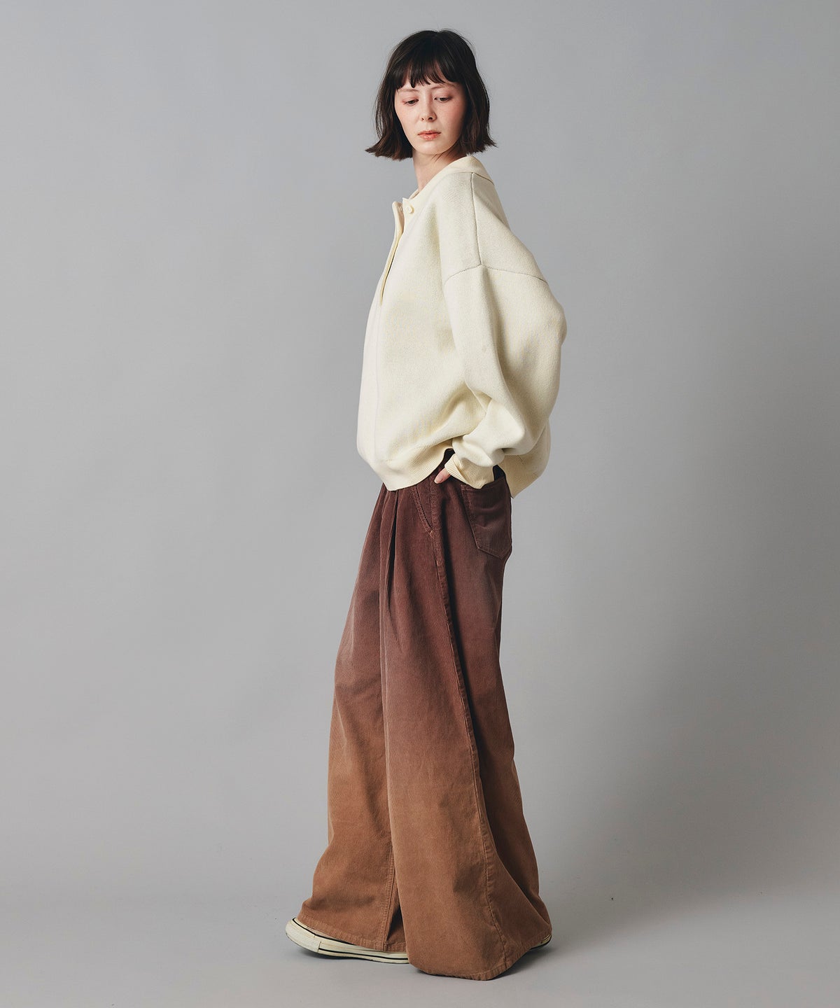 コーデュロイ グラデーション ワイド パンツ かっこいい おしゃれ アイボリー ブラウン フリーサイズ コーデュロイグラデーションワイドパンツ AT THE TRNK