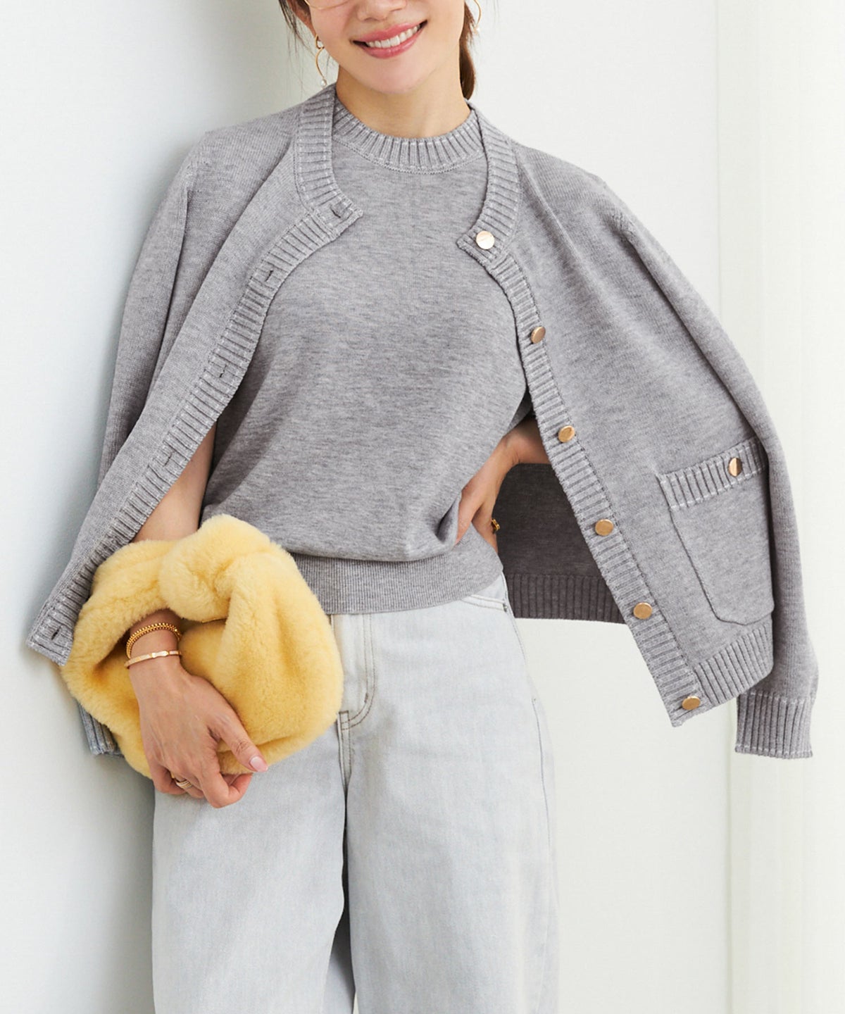 手洗い可 大人カジュアル 可愛い 上品 きれいめ オフィス フェミニン 春 秋冬 着回し ジョイントスペース ステッチ柄ニットアンサンブル Liala×PG