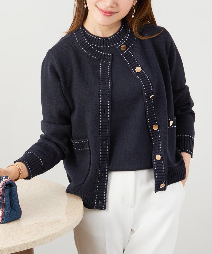 手洗い可 大人カジュアル 可愛い 上品 きれいめ オフィス フェミニン 春 秋冬 着回し ジョイントスペース ステッチ柄ニットアンサンブル Liala×PG