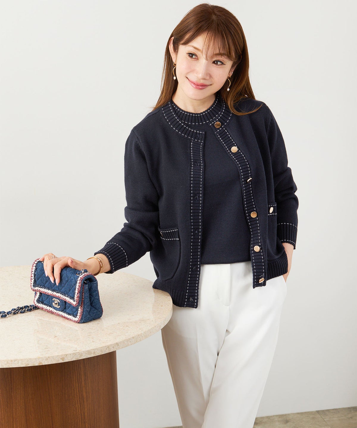 手洗い可 大人カジュアル 可愛い 上品 きれいめ オフィス フェミニン 春 秋冬 着回し ジョイントスペース ステッチ柄ニットアンサンブル Liala×PG