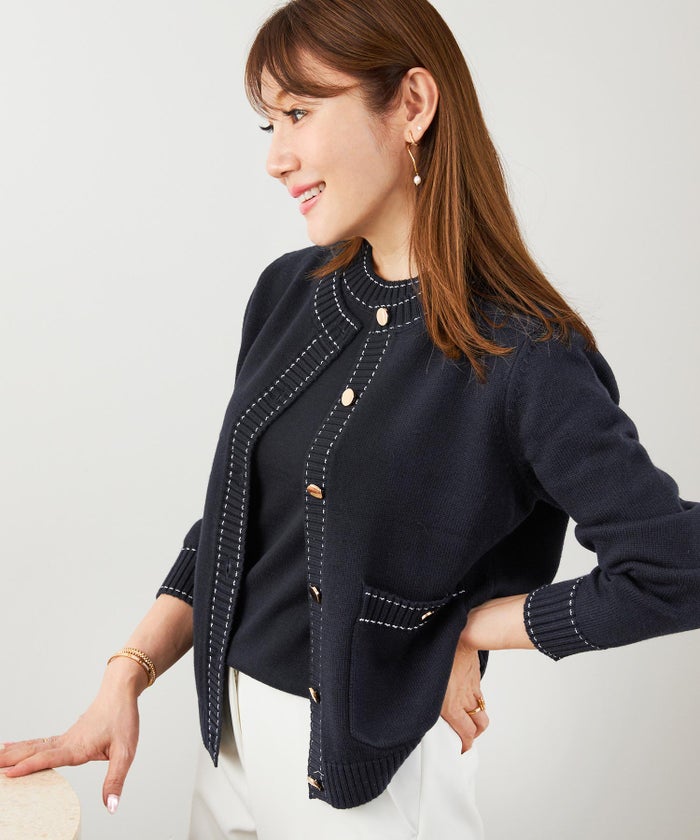 手洗い可 大人カジュアル 可愛い 上品 きれいめ オフィス フェミニン 春 秋冬 着回し ジョイントスペース ステッチ柄ニットアンサンブル Liala×PG