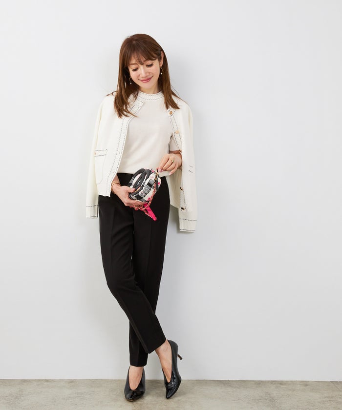 手洗い可 大人カジュアル 可愛い 上品 きれいめ オフィス フェミニン 春 秋冬 着回し ジョイントスペース ステッチ柄ニットアンサンブル Liala×PG