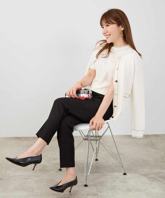 手洗い可 大人カジュアル 可愛い 上品 きれいめ オフィス フェミニン 春 秋冬 着回し ジョイントスペース ステッチ柄ニットアンサンブル Liala×PG
