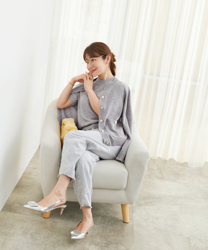手洗い可 大人カジュアル 可愛い 上品 きれいめ オフィス フェミニン 春 秋冬 着回し ジョイントスペース ステッチ柄ニットアンサンブル Liala×PG