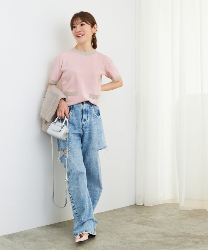 手洗い可 大人カジュアル 可愛い 上品 きれいめ オフィス フェミニン 春 秋冬 着回し ジョイントスペース バイカラーVCDニットアンサンブル Liala×PG