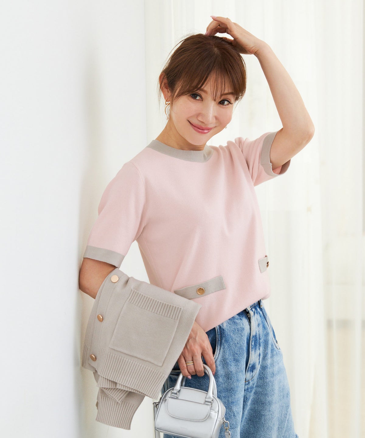 手洗い可 大人カジュアル 可愛い 上品 きれいめ オフィス フェミニン 春 秋冬 着回し ジョイントスペース バイカラーVCDニットアンサンブル Liala×PG