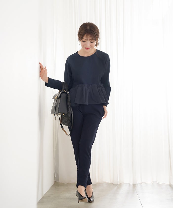 手洗い可 セットアップ可 オフィス 着回し かわいい 大人カジュアル きれいめ ドッキング ジョイントスペース ドルマンペプラムカットソーPO Liala×PG