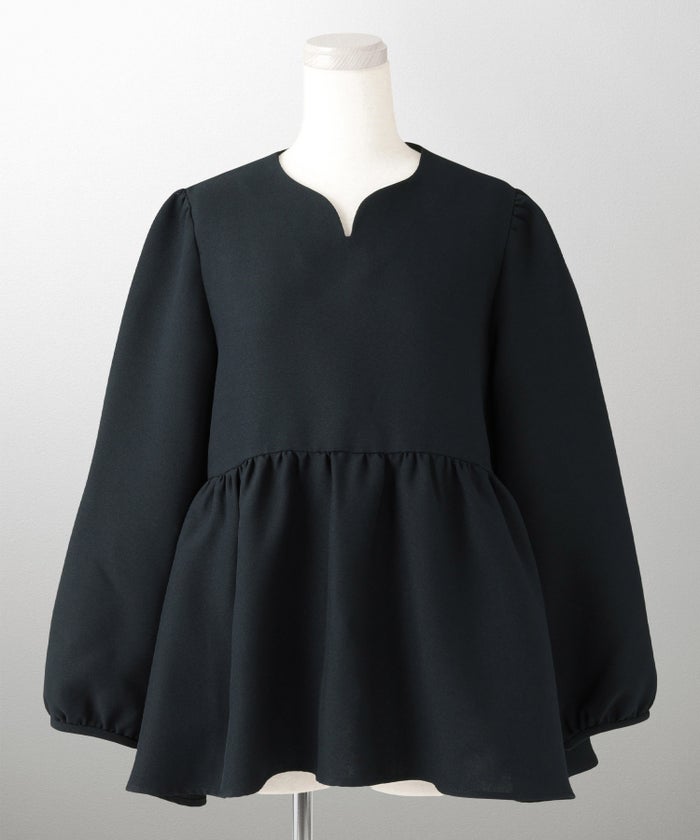 キーネック ペプラム トップス ホワイト ネイビー ベージュ ブラック 長袖 ブラウス M キーネックペプラムトップス HUIT