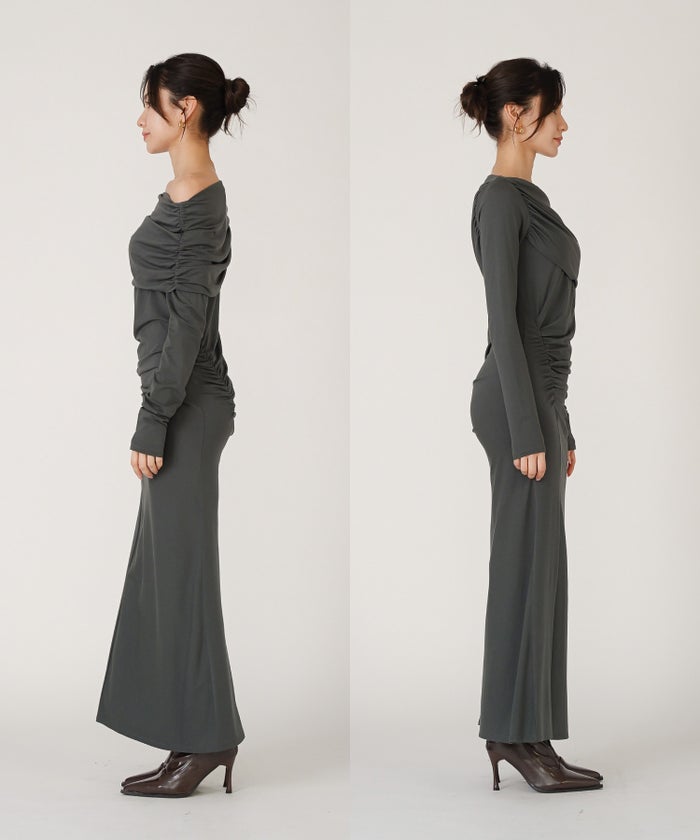 オフショルワンピース ギャザーワンピース ドレープ ロングワンピース 2WAY モード キノザケイ