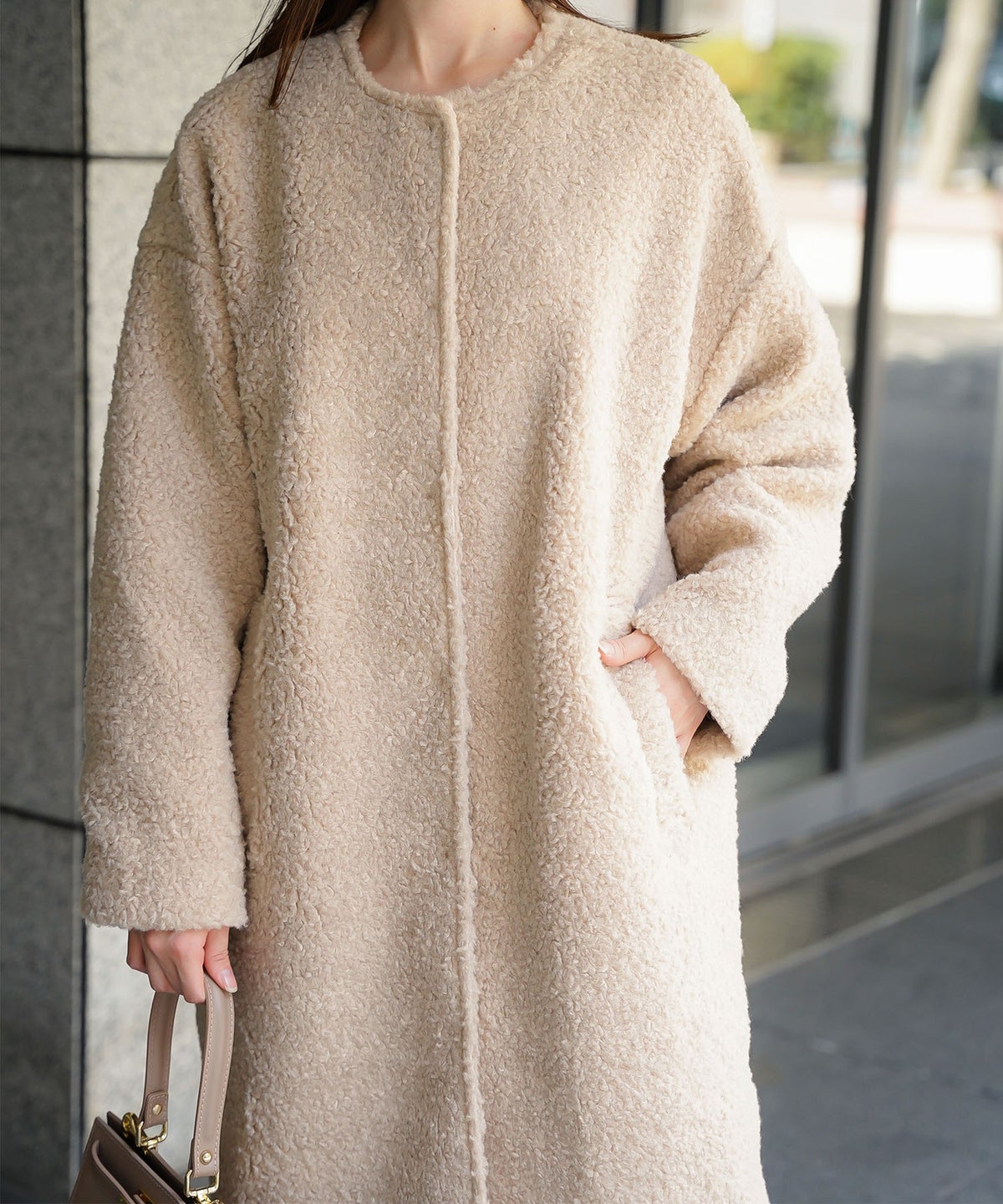 ノーカラー ボア コート エクリュ ベージュ ブラウン Mサイズ ノーカラーボアコート HUIT