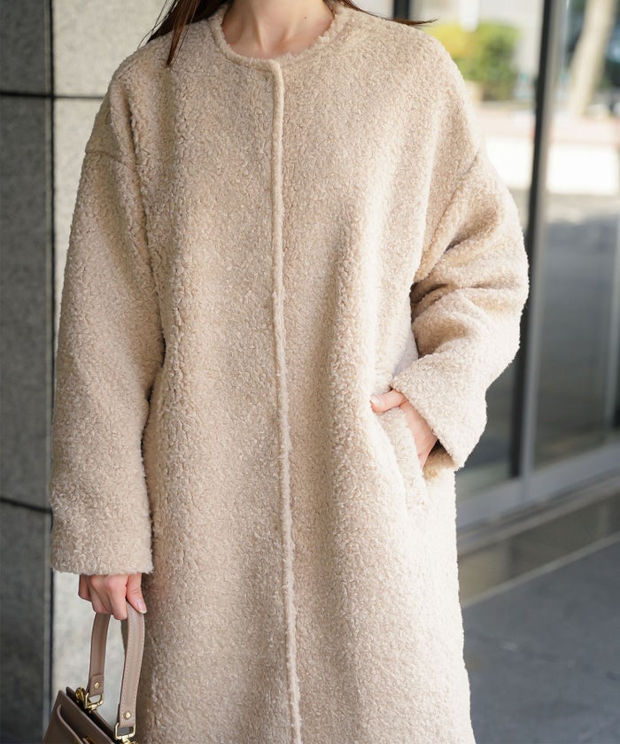 ノーカラー ボア コート エクリュ ベージュ ブラウン Mサイズ ノーカラーボアコート HUIT