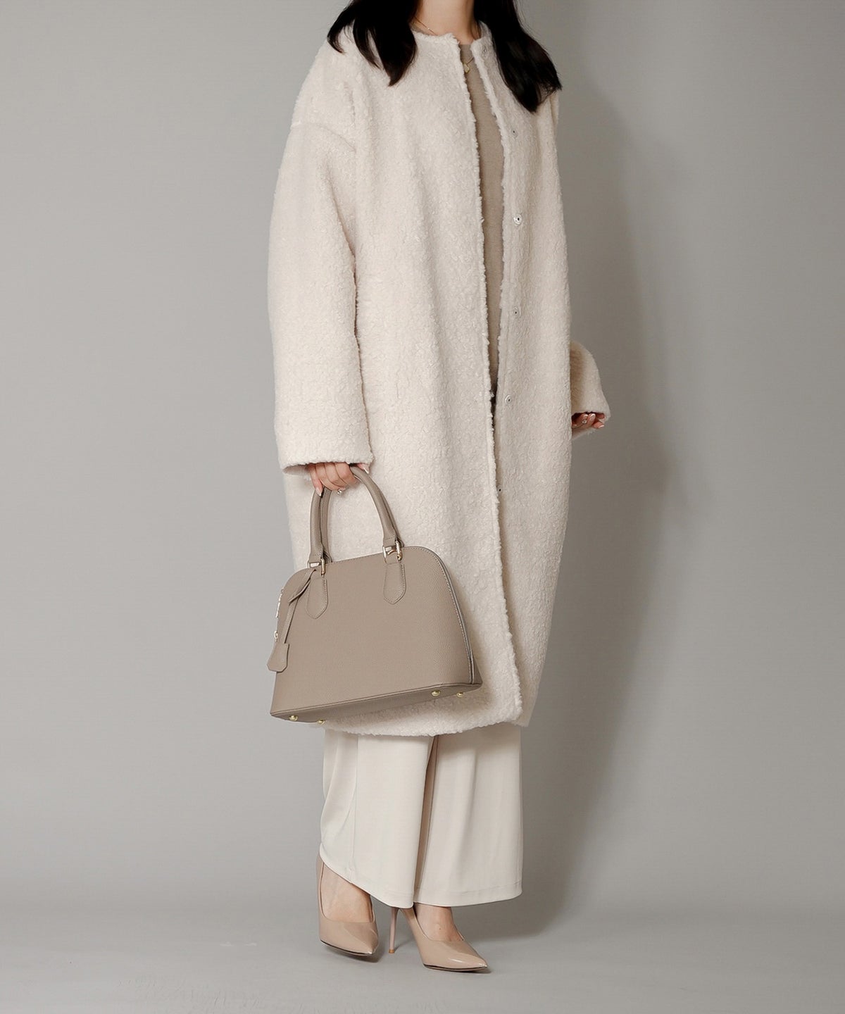 ノーカラー ボア コート エクリュ ベージュ ブラウン Mサイズ ノーカラーボアコート HUIT