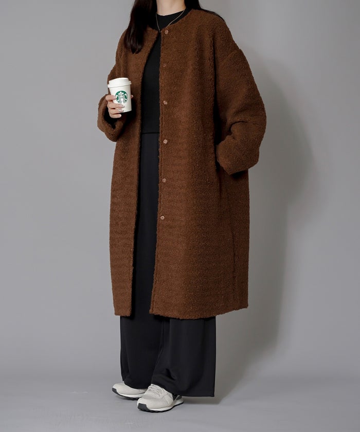 ノーカラー ボア コート エクリュ ベージュ ブラウン Mサイズ ノーカラーボアコート HUIT