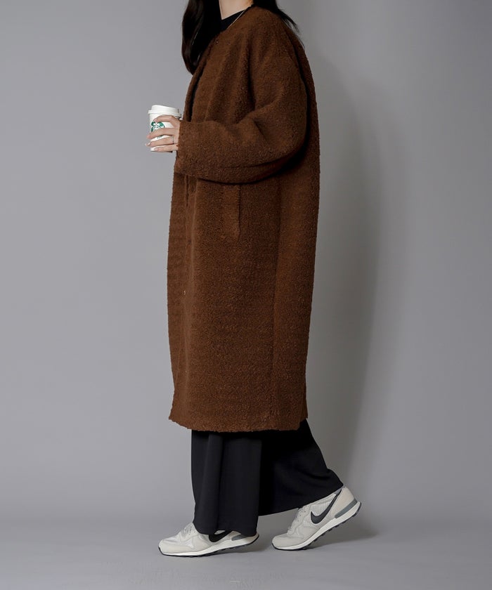 ノーカラー ボア コート エクリュ ベージュ ブラウン Mサイズ ノーカラーボアコート HUIT