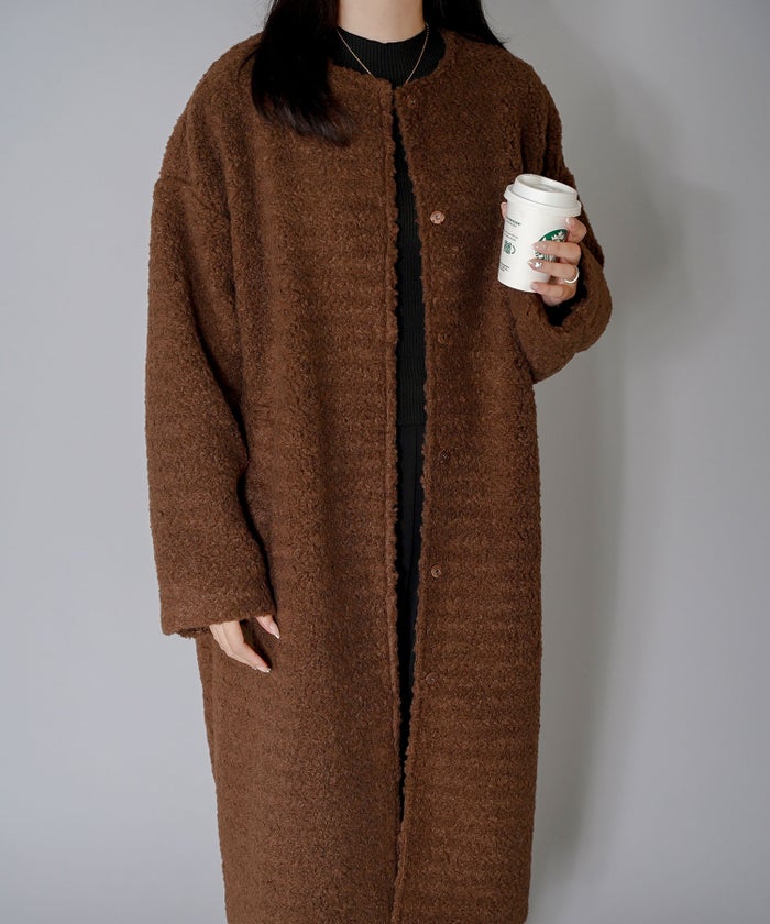 ノーカラー ボア コート エクリュ ベージュ ブラウン Mサイズ ノーカラーボアコート HUIT