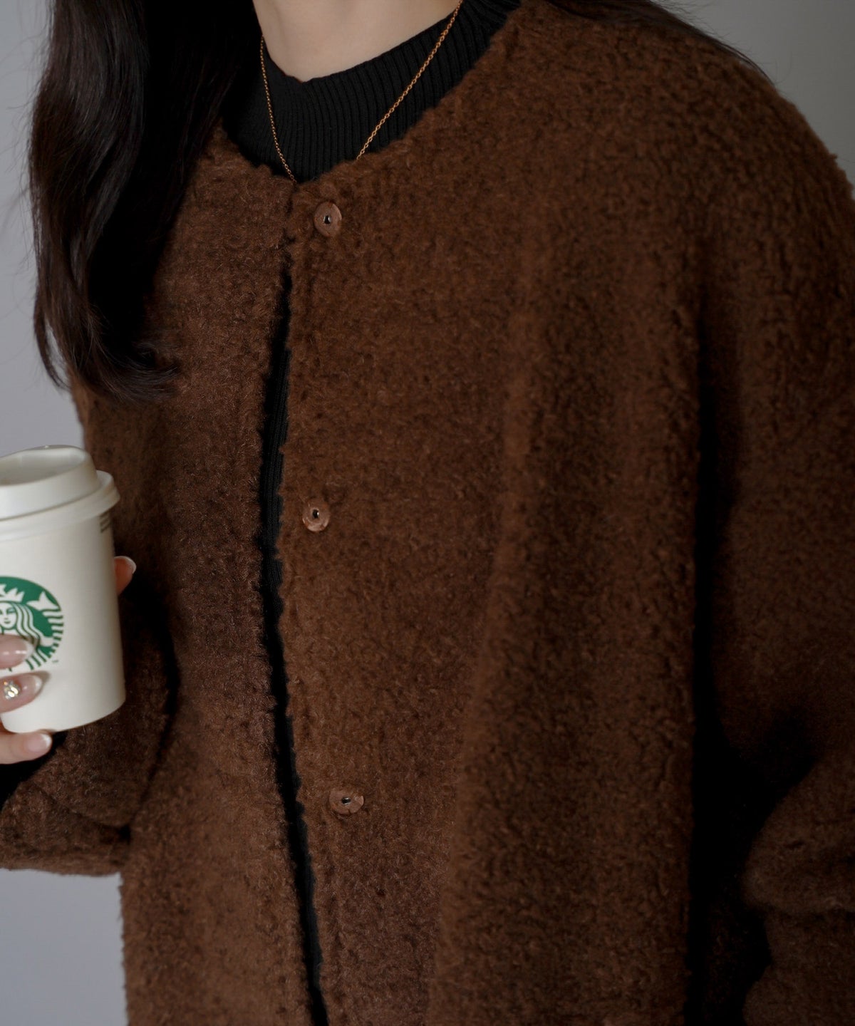 ノーカラー ボア コート エクリュ ベージュ ブラウン Mサイズ ノーカラーボアコート HUIT