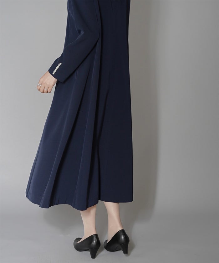 袖口 パールトリム ワンピース オケージョン ネイビー ベージュ Mサイズ 袖口パールトリムワンピース HUIT