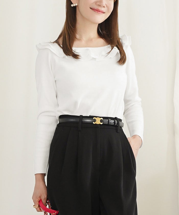 手洗い可 大人カジュアル 上品 長袖 可愛い きれいめ オフィス フェミニン 秋冬春 ジョイントスペース 2段フレア襟ニットPO Liala×PG