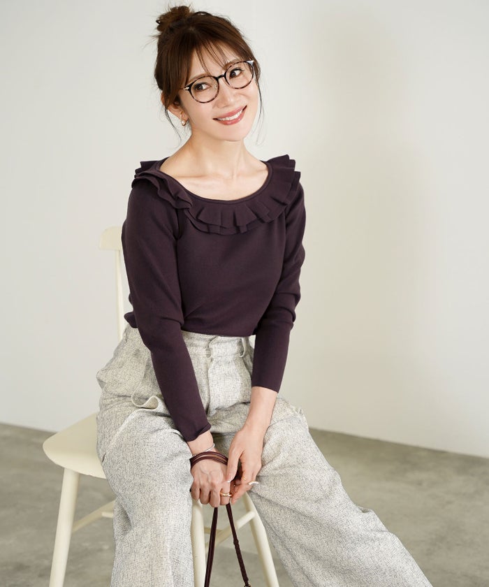 手洗い可 大人カジュアル 上品 長袖 可愛い きれいめ オフィス フェミニン 秋冬春 ジョイントスペース 2段フレア襟ニットPO Liala×PG