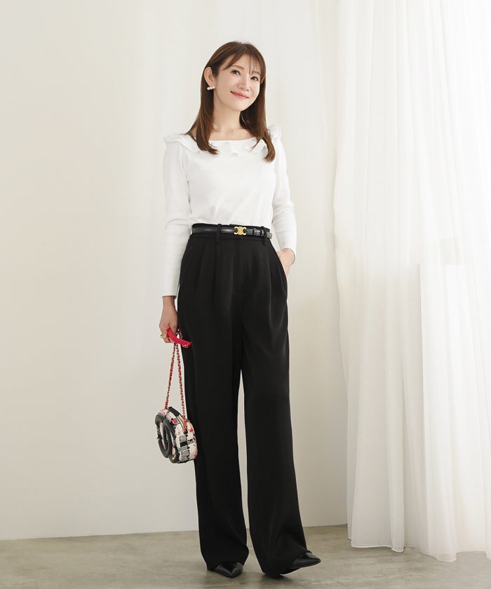 手洗い可 大人カジュアル 上品 長袖 可愛い きれいめ オフィス フェミニン 秋冬春 ジョイントスペース 2段フレア襟ニットPO Liala×PG