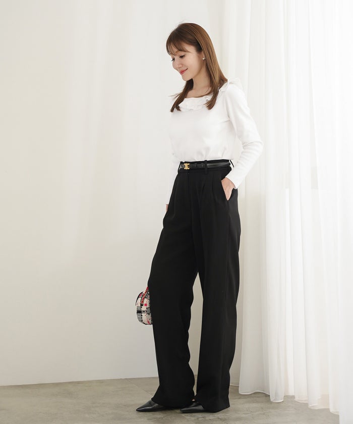 手洗い可 大人カジュアル 上品 長袖 可愛い きれいめ オフィス フェミニン 秋冬春 ジョイントスペース 2段フレア襟ニットPO Liala×PG