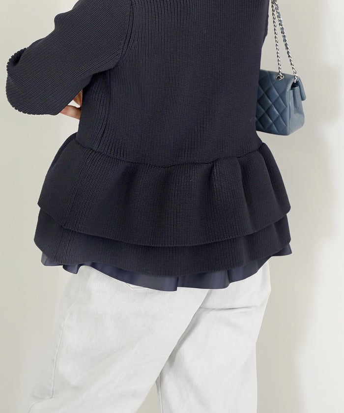 手洗い可 大人カジュアル 上品 長袖 きれいめ オフィス 秋冬 春 かわいい 異素材 ジョイントスペース 肩畦ペプラム裾グログランニットCD Liala×PG