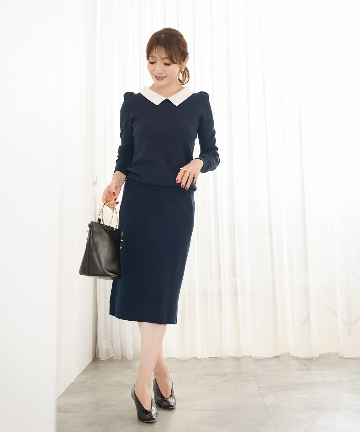 手洗い可 レディース 秋冬春 カジュアル 可愛い 上品 きれいめ オフィス 色 フェミニン ジョイントスペース エコヴェロ 襟付きニットPO Liala×PG