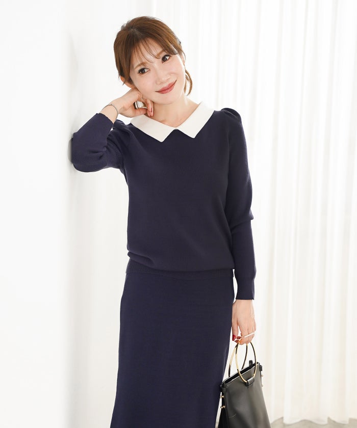 手洗い可 レディース 秋冬春 カジュアル 可愛い 上品 きれいめ オフィス 色 フェミニン ジョイントスペース エコヴェロ 襟付きニットPO Liala×PG