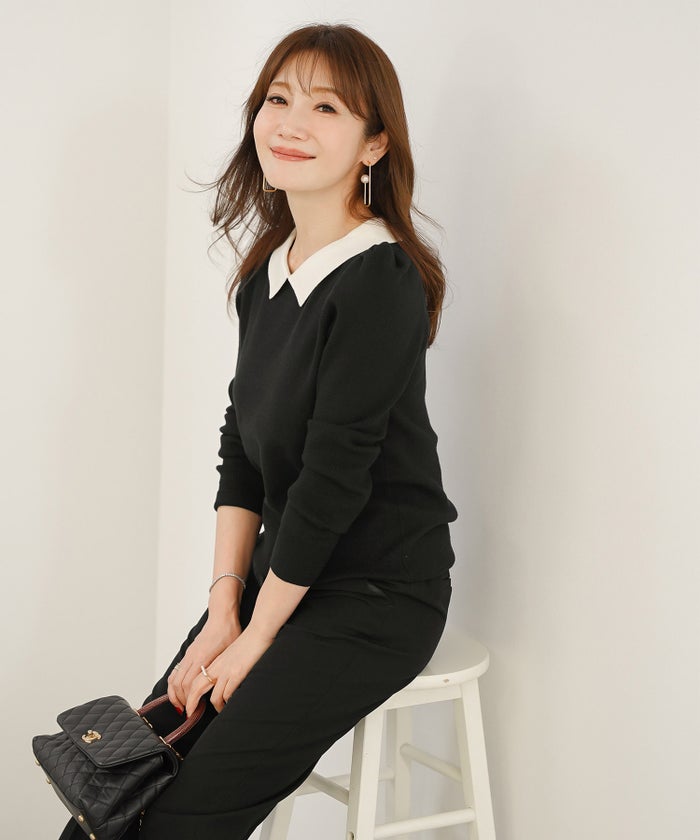 手洗い可 レディース 秋冬春 カジュアル 可愛い 上品 きれいめ オフィス 色 フェミニン ジョイントスペース エコヴェロ 襟付きニットPO Liala×PG