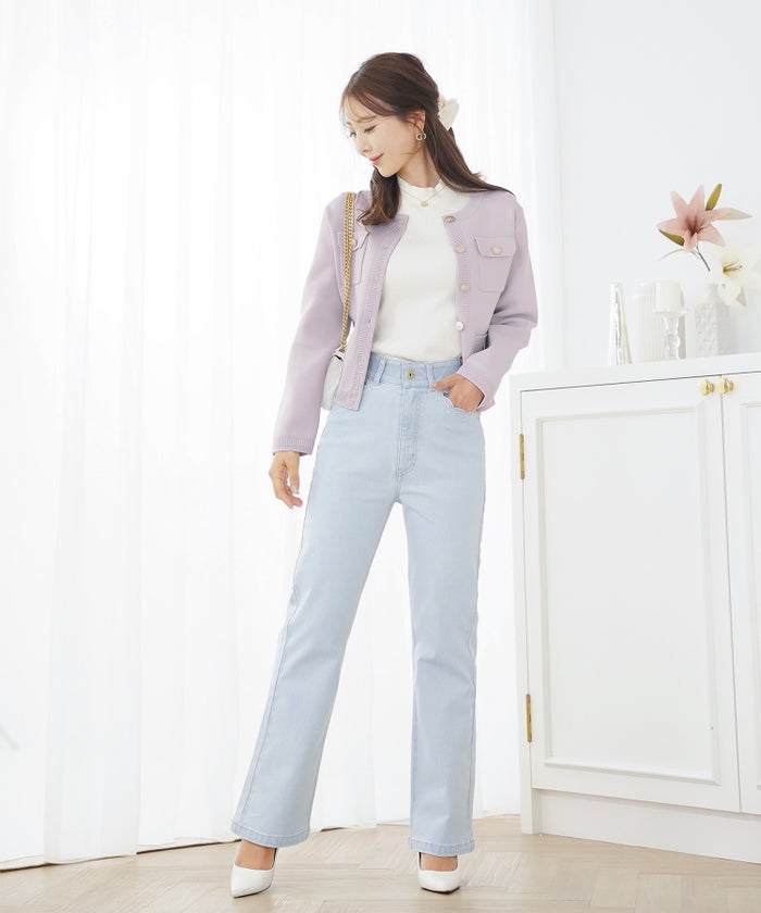 デニム ボトムス パンツ セミフレア フレア カジュアル パール スカラップ デザイン ジョイントスペース スカラップパール セミフレア デニムパンツ le reve vaniller