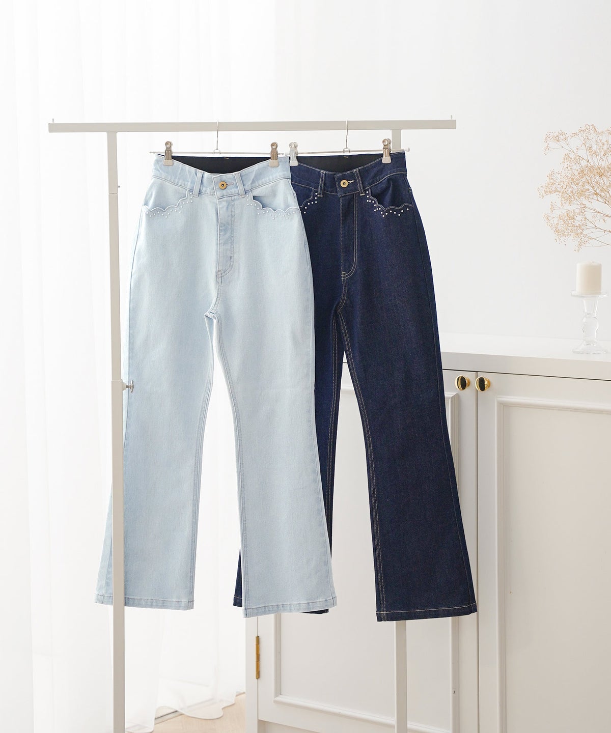 デニム ボトムス パンツ セミフレア フレア カジュアル パール スカラップ デザイン ジョイントスペース スカラップパール セミフレア デニムパンツ le reve vaniller