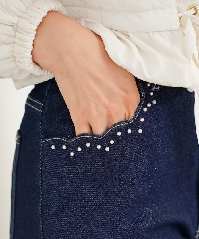 デニム ボトムス パンツ テーパードパンツ きれいめ オフィスカジュアル パール スカラップ デザイン スカラップパール テーパード デニムパンツ le reve vaniller