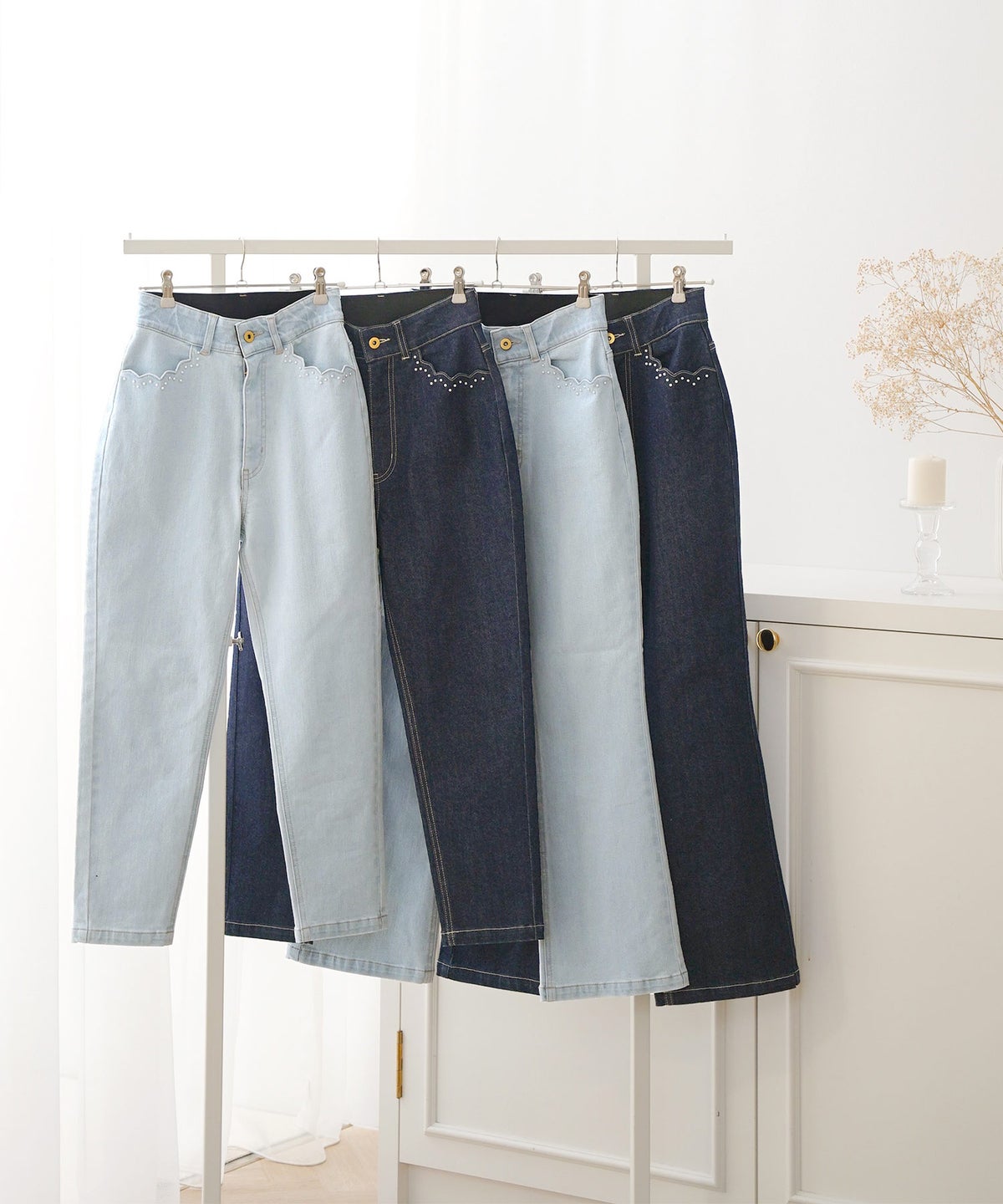 デニム ボトムス パンツ テーパードパンツ きれいめ オフィスカジュアル パール スカラップ デザイン スカラップパール テーパード デニムパンツ le reve vaniller