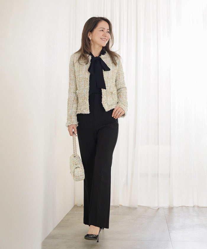 ツイード ジャケット ブラック パール釦 ノーカラー ジョイントスペース フリンジ トリム ツイードライク ジャケット ＆BLOOM（アンドブルーム）