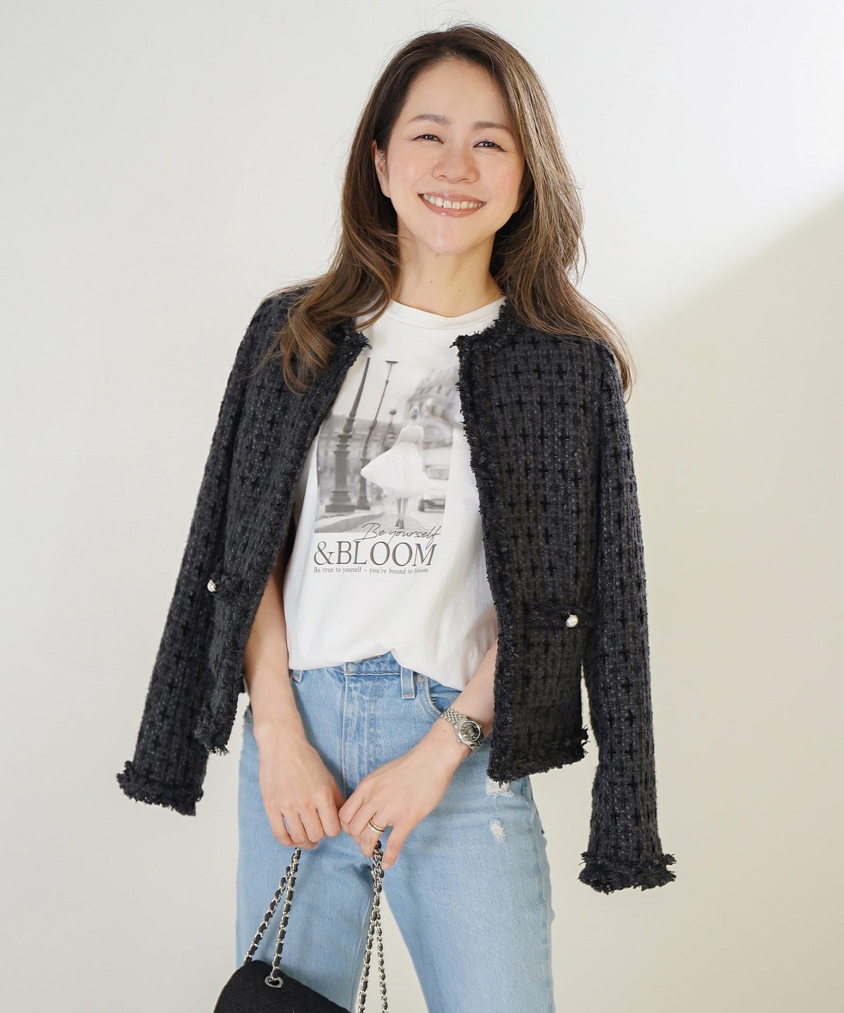 ツイード ジャケット ブラック パール釦 ノーカラー ジョイントスペース フリンジ トリム ツイードライク ジャケット ＆BLOOM（アンドブルーム）