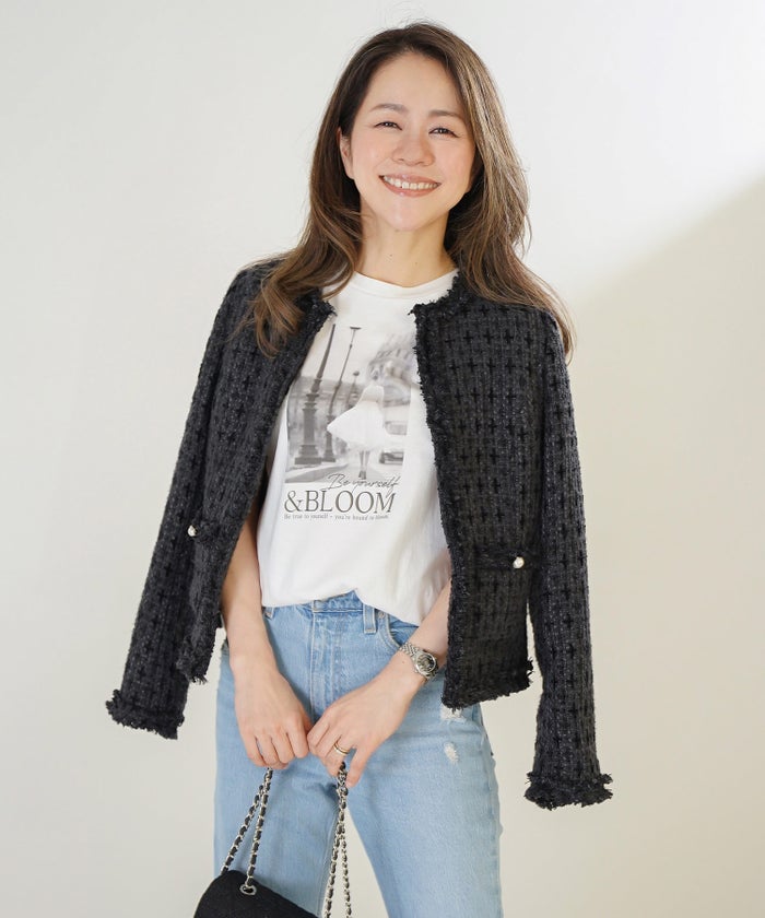 ツイード ジャケット ブラック パール釦 ノーカラー ジョイントスペース フリンジ トリム ツイードライク ジャケット ＆BLOOM（アンドブルーム）